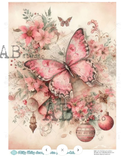 Rosy Butterfly Christmas by Milky Valley 416 Decoupage Rice Paper A4 by AB Studio