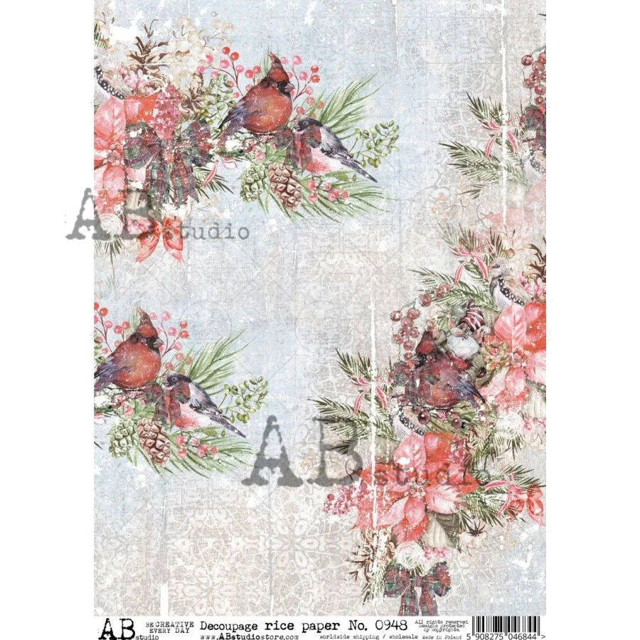 No. 0948 Christmas Cardinals Decoupage Rice Paper A4 by AB Studio