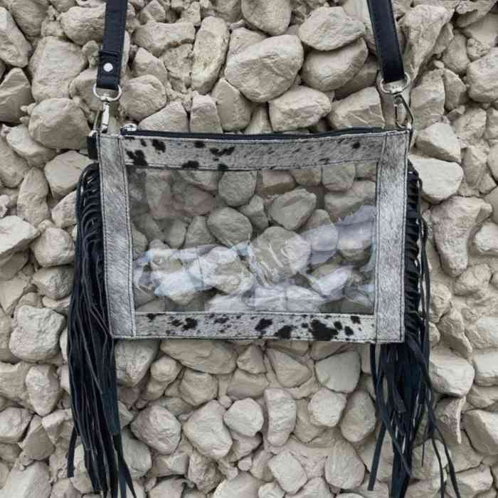 Cowhide and Leather Fringe Stadium Crossbody Handbag - 1