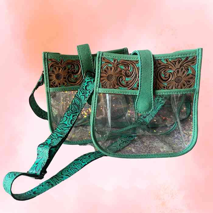 Teal Stadium Crossbody Handbag with Tooled Leather - 1