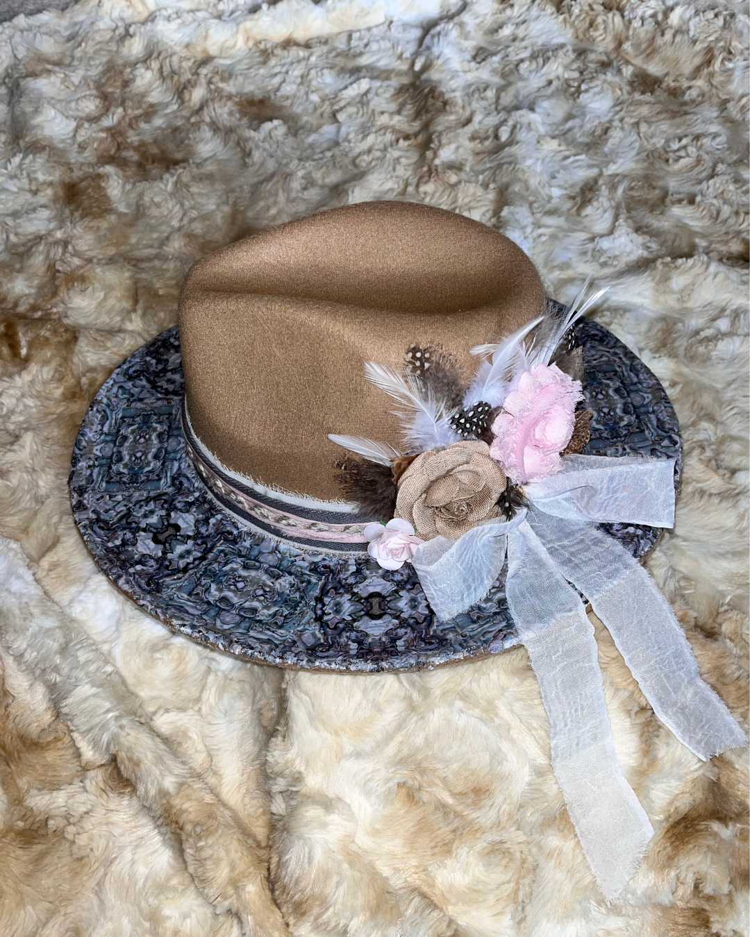 Abalone Cowgirl Hat with Pink & Burlap Floral & Feather Accents