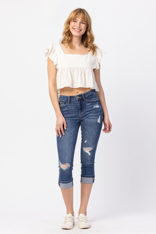 Mid Rise Cuffed Distressed Capri Plus 78100