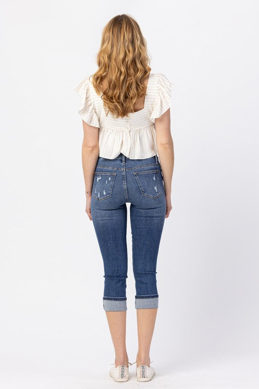 Mid Rise Cuffed Distressed Capri Plus 78100