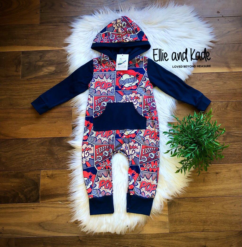 Comics Hooded Infant Romper by TwoCan