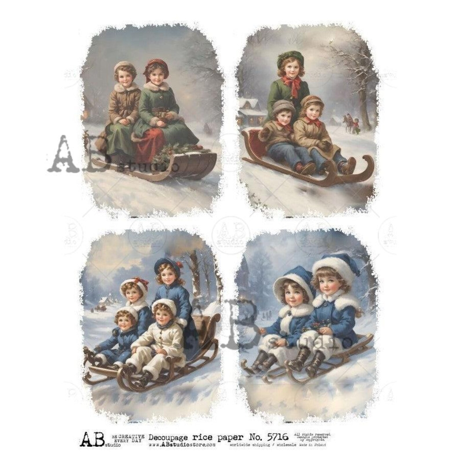 Item No. 5716 Sled Riding Cards Decoupage Rice Paper A4 by AB Studio