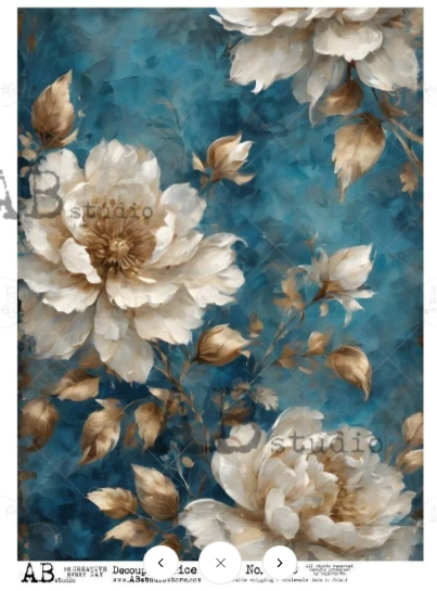 Item No. 5340 White Flowers and Gold Leaves with Blue Background Decoupage Rice Paper A4 by AB Studio