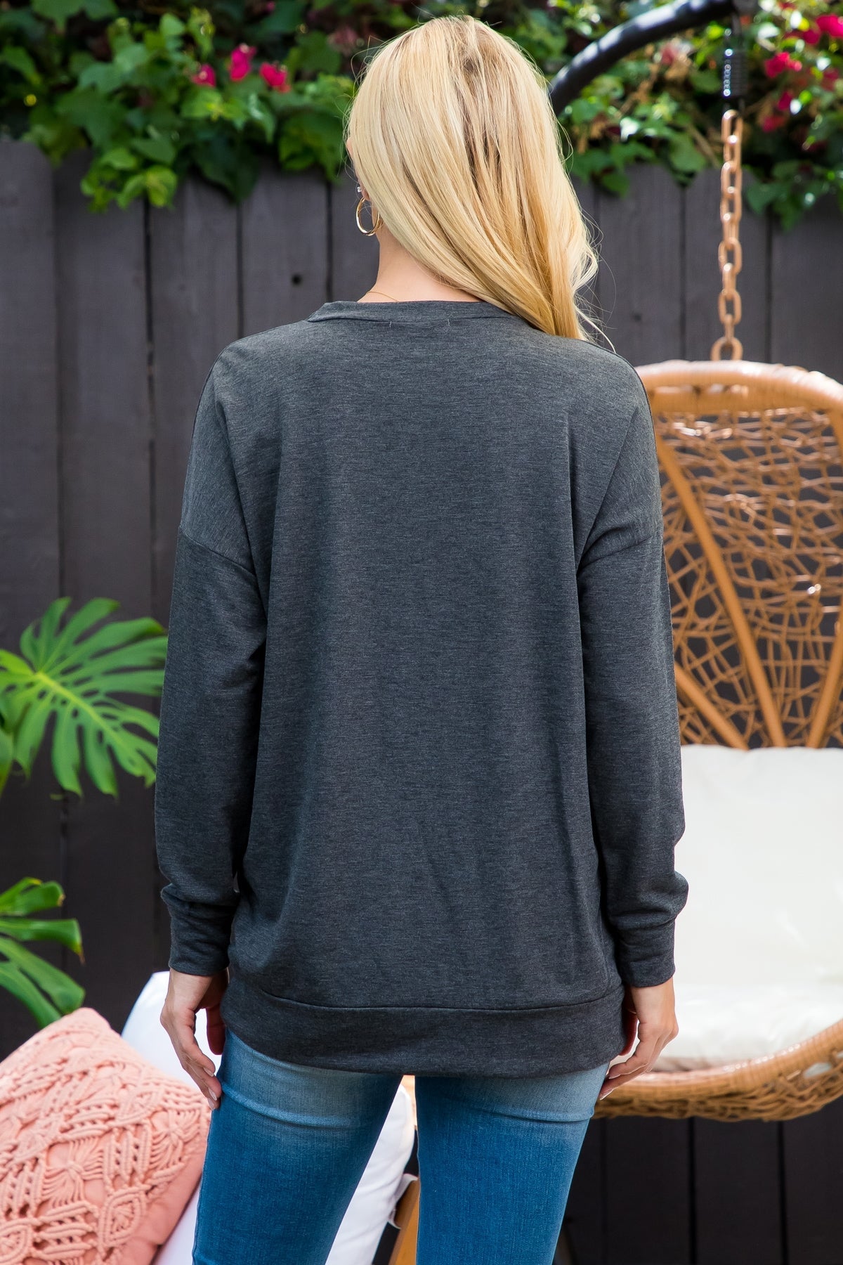 SOLID FRENCH TERRY LONG SLEEVE TOP WITH KANGAROO POCKET