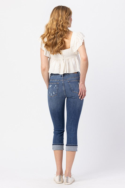 Mid Rise Cuffed Distressed Capri Plus 78100