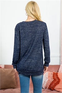 LONG SLEEVE ROUND NECK PULLOVER TOP - HEATHER NAVY