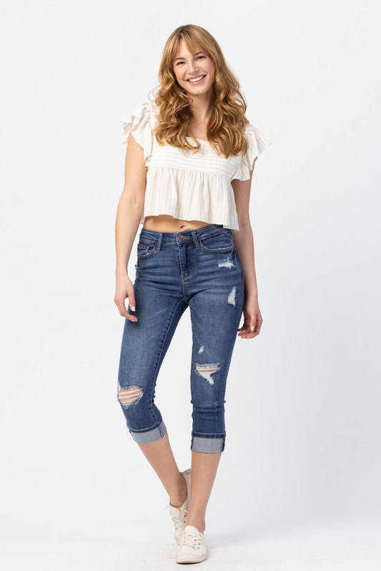 Mid Rise Cuffed Distressed Capri Plus 78100