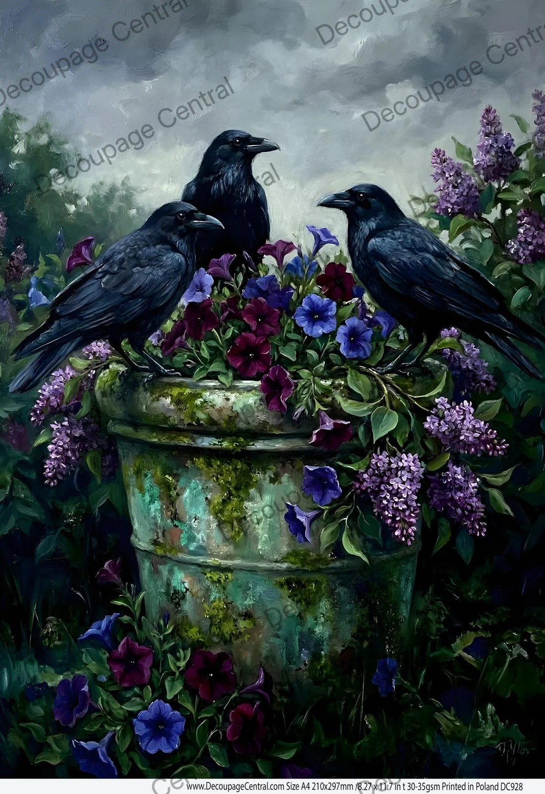 DC928 - Raven Trio, Mossy Urn Decoupage A4 Rice Paper