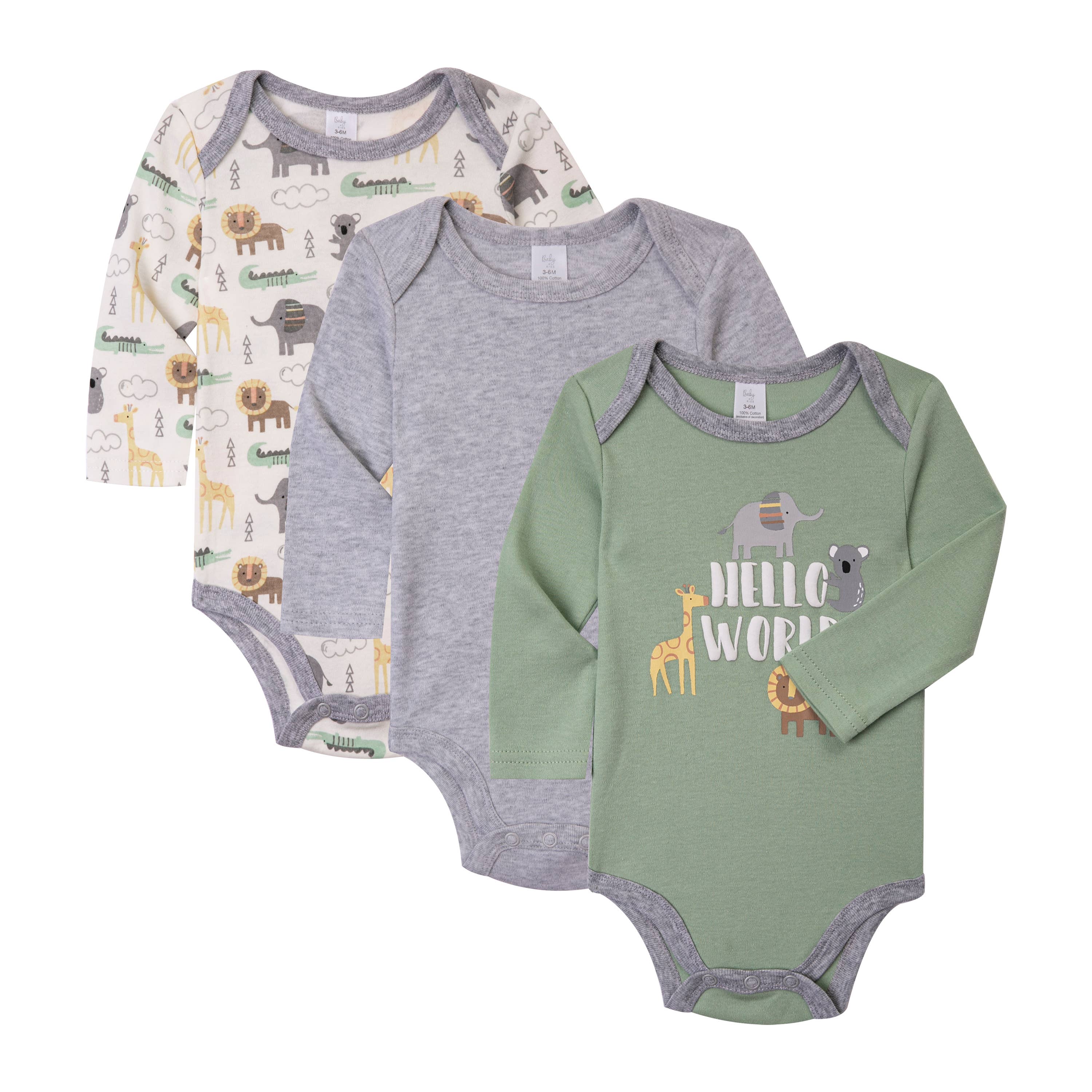 Hello World Safari - 3Pk Long Sleeve Bodysuits