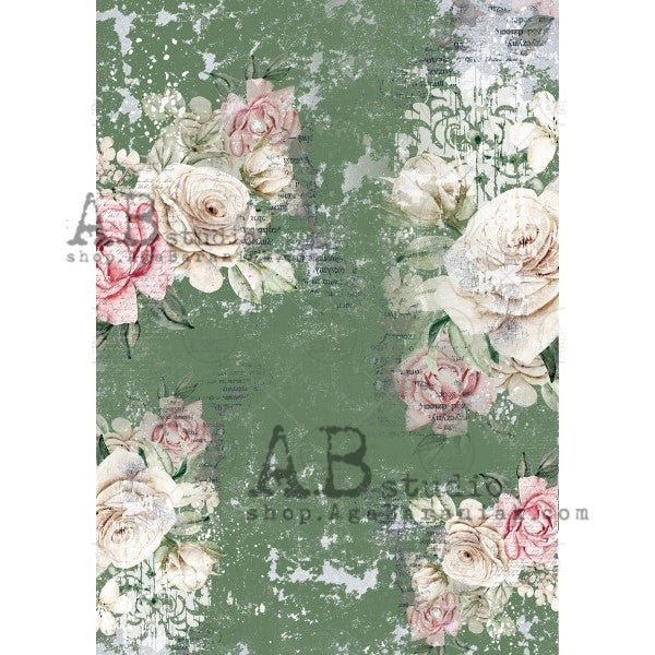 No. 0524 Distressed Green Wall with White and Pink Peonies Decoupage Rice Paper A4 by AB Studio