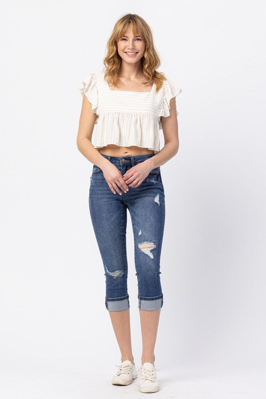 Mid Rise Cuffed Distressed Capri Plus 78100