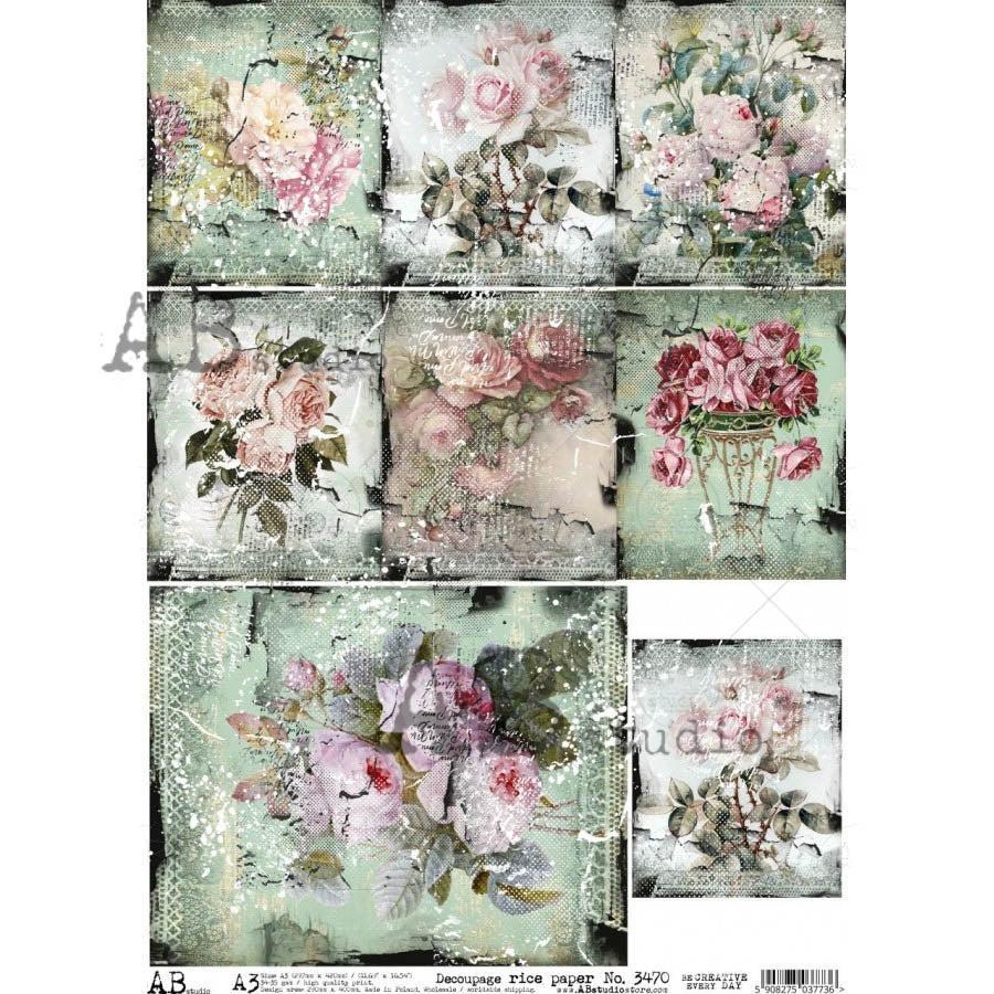 No. 3470 Rose Lace Cards Decoupage Rice Paper A3  by AB Studio