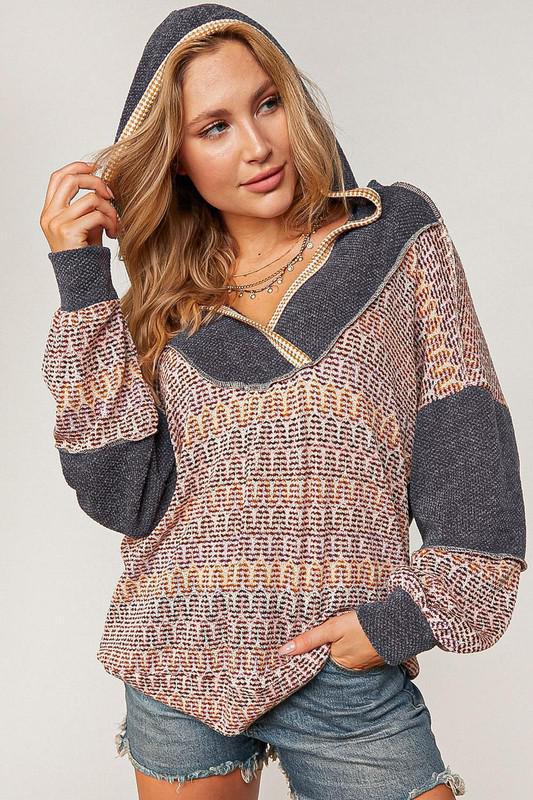 Chevron Hacci Knit Two Tone Sweater