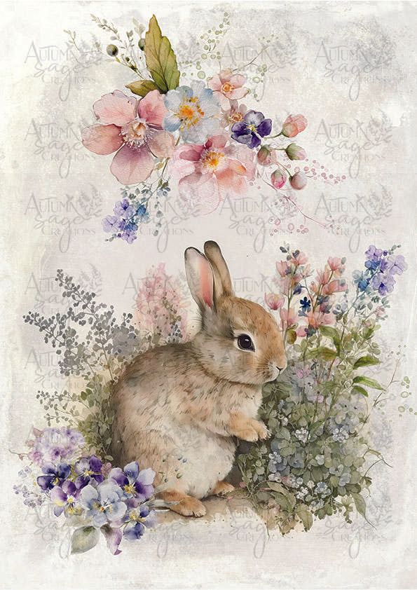 Bunny with Violets A4 Autumn Sage Decoupage Paper