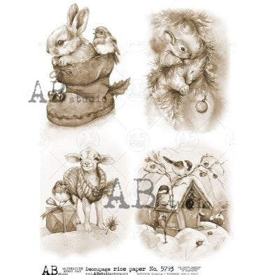 No. 5793 Sepia Christmas Animals Decoupage Rice Paper A4 by AB Studio