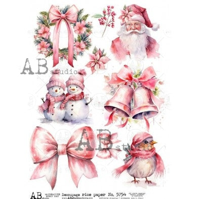 No. 5754 Pink Winter Christmas Decoupage Rice Paper A4 by AB Studio
