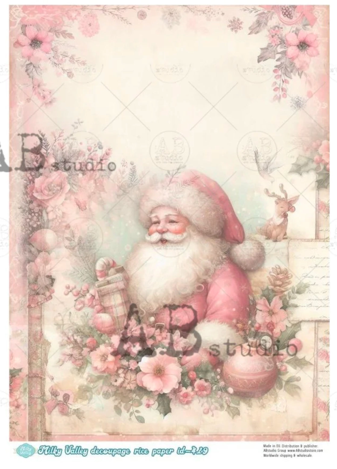 Pink Christmas by Milky Valley 419 Decoupage Rice Paper A4 by AB Studio