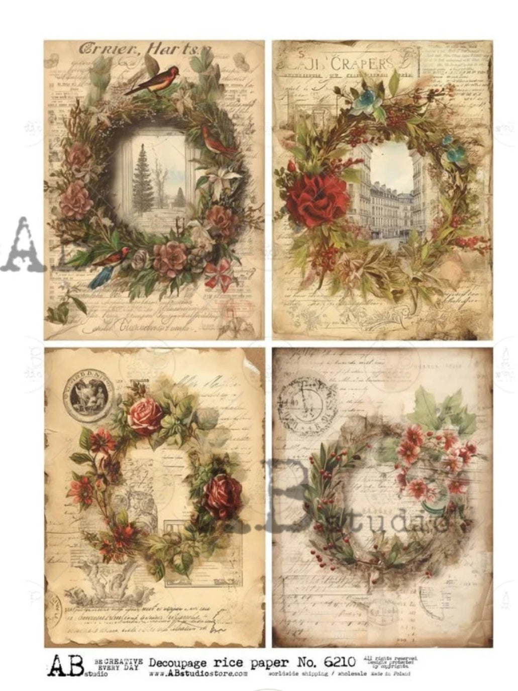No. 6210 Vintage Wreath Cards Decoupage Rice Paper A4 by AB Studio