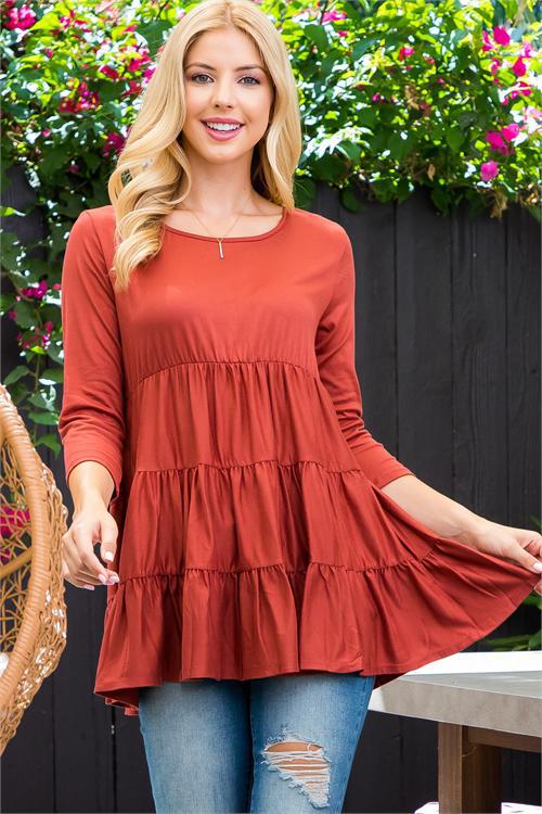 3/4 SLEEVE TIERED RUFFLE SOLID TOP