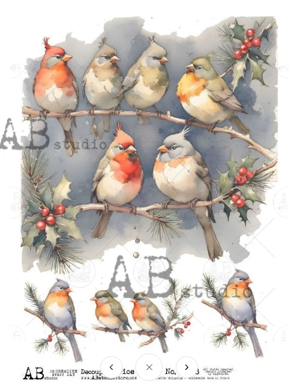 Item No. 5688 Holiday Birds on Branches Decoupage Rice Paper A4 by AB Studio