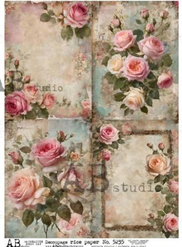 No.5235 Antique Rose Floral Cards Decoupage Rice Paper A4 by AB Studio