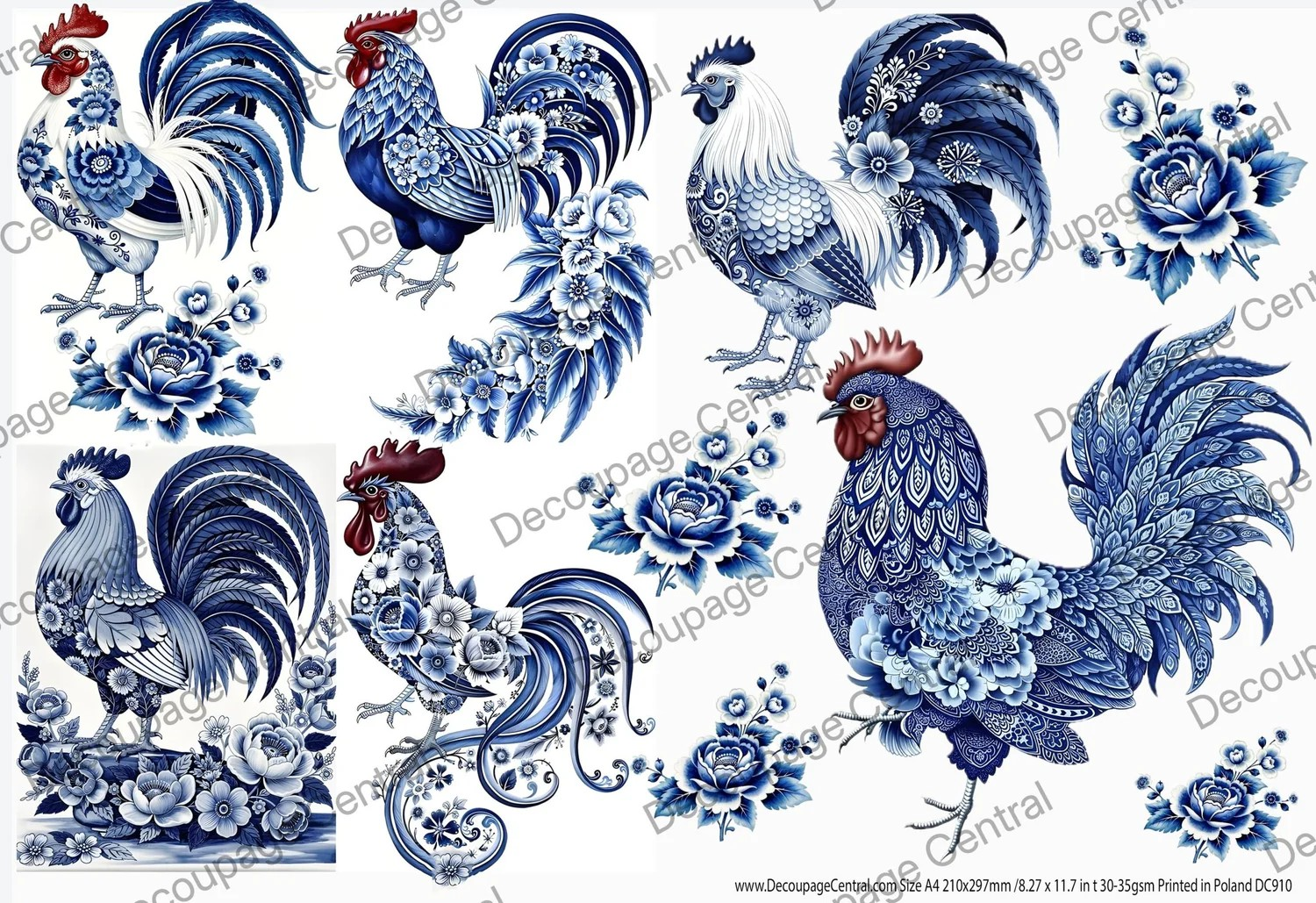 DC910 Blue Delft Roosters A4 Rice Paper