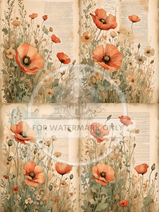 DC757 - Poppies and Pages Quad A4 Rice Paper