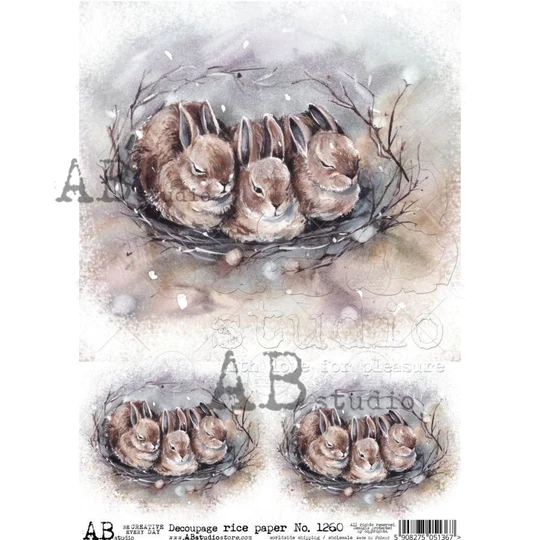 No. 1260 Rabbits Sleeping Halftone Sepia Decoupage Rice Paper A4  by AB Studio