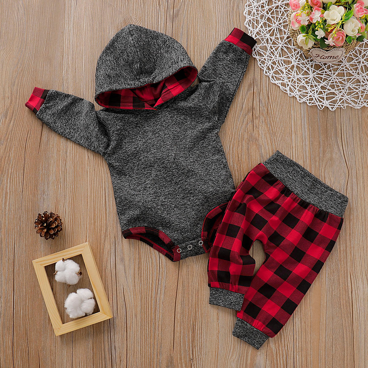 Hooded Plaid Pants Set