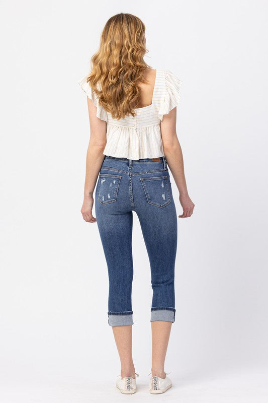 Mid Rise Cuffed Distressed Capri Plus 78100