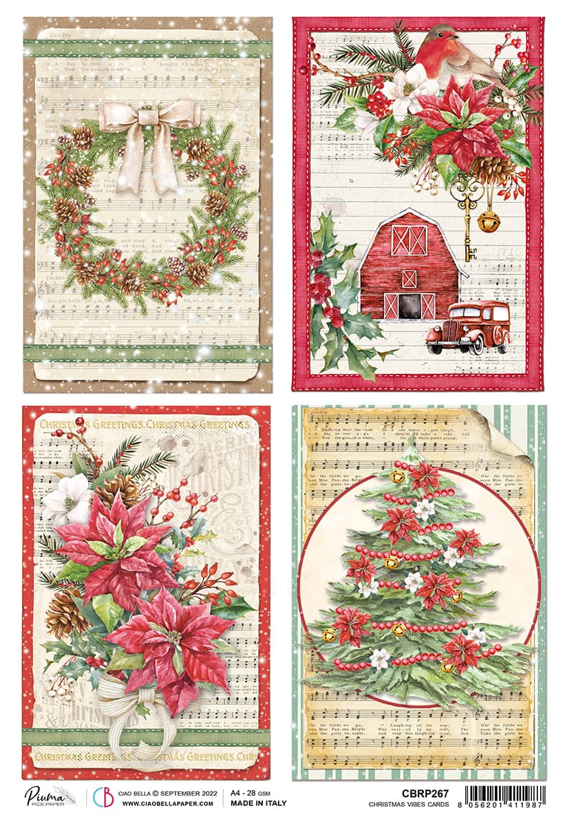 Christmas Vibes Cards A4 Rice Paper by Ciao Bella