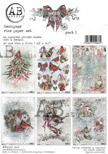 Holiday Cheer Pack 1 A4 Decoupage Rice Paper Set of 6 Papers by AB Studio