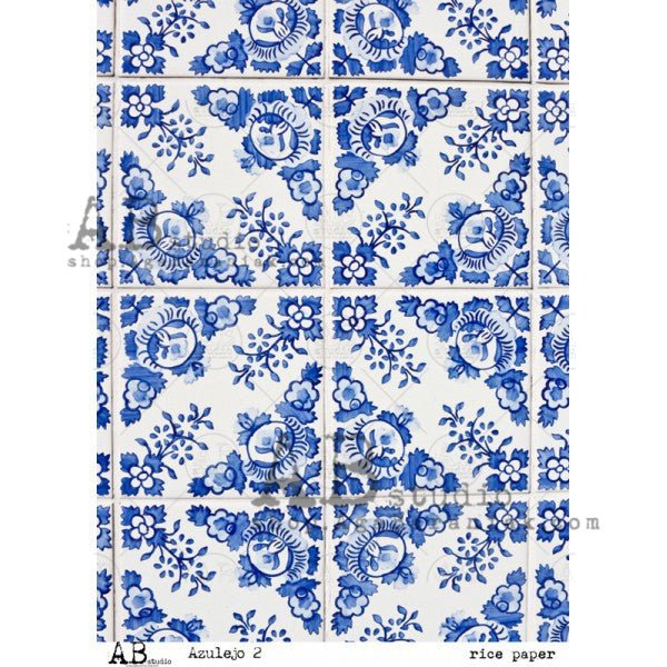 No. 0089 Blue Decorative Floral Tiles Decoupage Rice Paper A4 Item by AB Studio