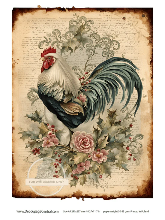DC113 - Rooster in Flowers Decoupage A4 Rice Paper