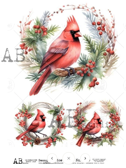 Item No. 5750 Cardinals and Wreath Labels Decoupage Rice Paper A4 by AB Studio