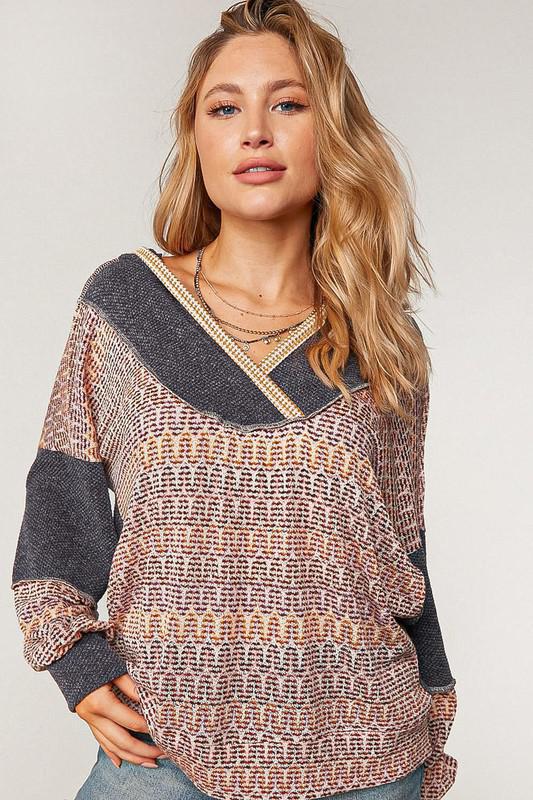 Chevron Hacci Knit Two Tone Sweater