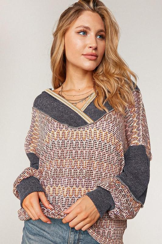 Chevron Hacci Knit Two Tone Sweater