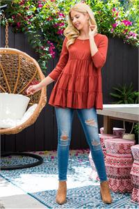 3/4 SLEEVE TIERED RUFFLE SOLID TOP