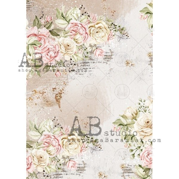 No. 0530 Script and Text with Ivory and Pink Roses Decoupage Rice Paper A4  by AB Studio