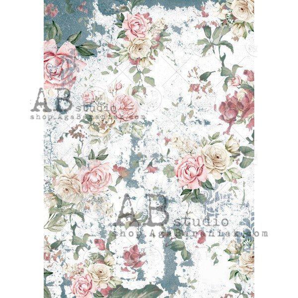 No. 0523 Ivory and Pink Flowers Distressed Decoupage Rice Paper A4 by AB Studio