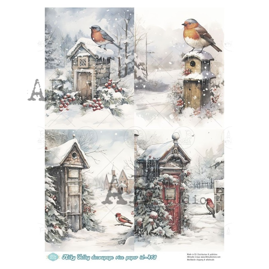 Dreary Snowy Bird Cards by Milky Valley 458 Decoupage Rice Paper A4 by AB Studio