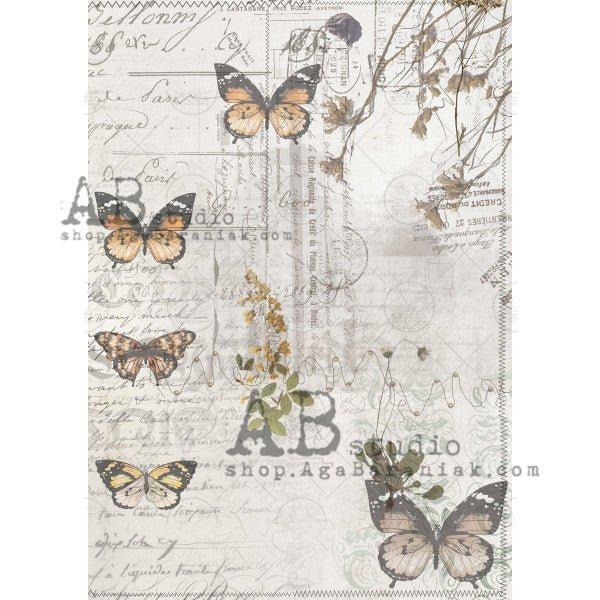 No. 0627 Butterflies and Script Text Decoupage Rice Paper A4 by AB Studio