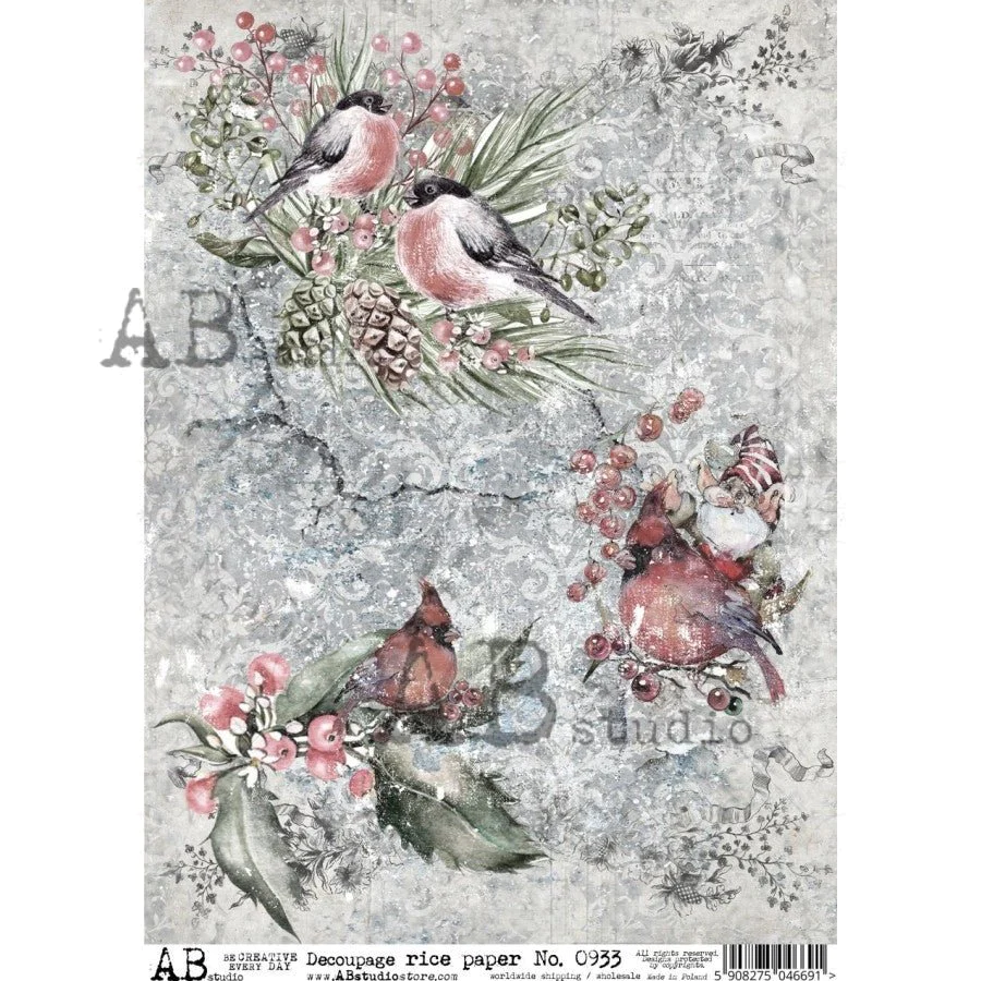 Item No. 0933 Birds and Berries Decoupage Rice Paper A4 by AB Studio