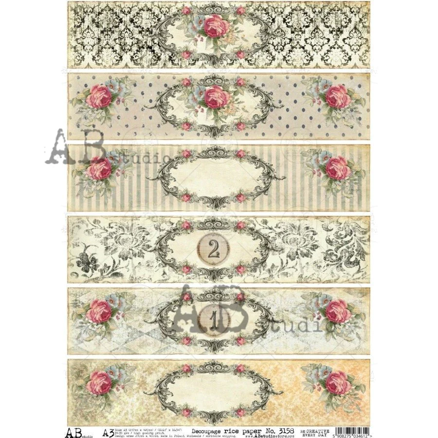 No. 3158 Vintage Scroll and Rose Plates Decoupage Rice Paper A3