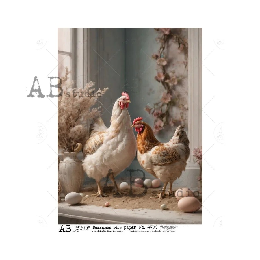 Item No. 4799 Chicken on a Table with Eggs Decoupage Rice Paper A4 by AB Studio