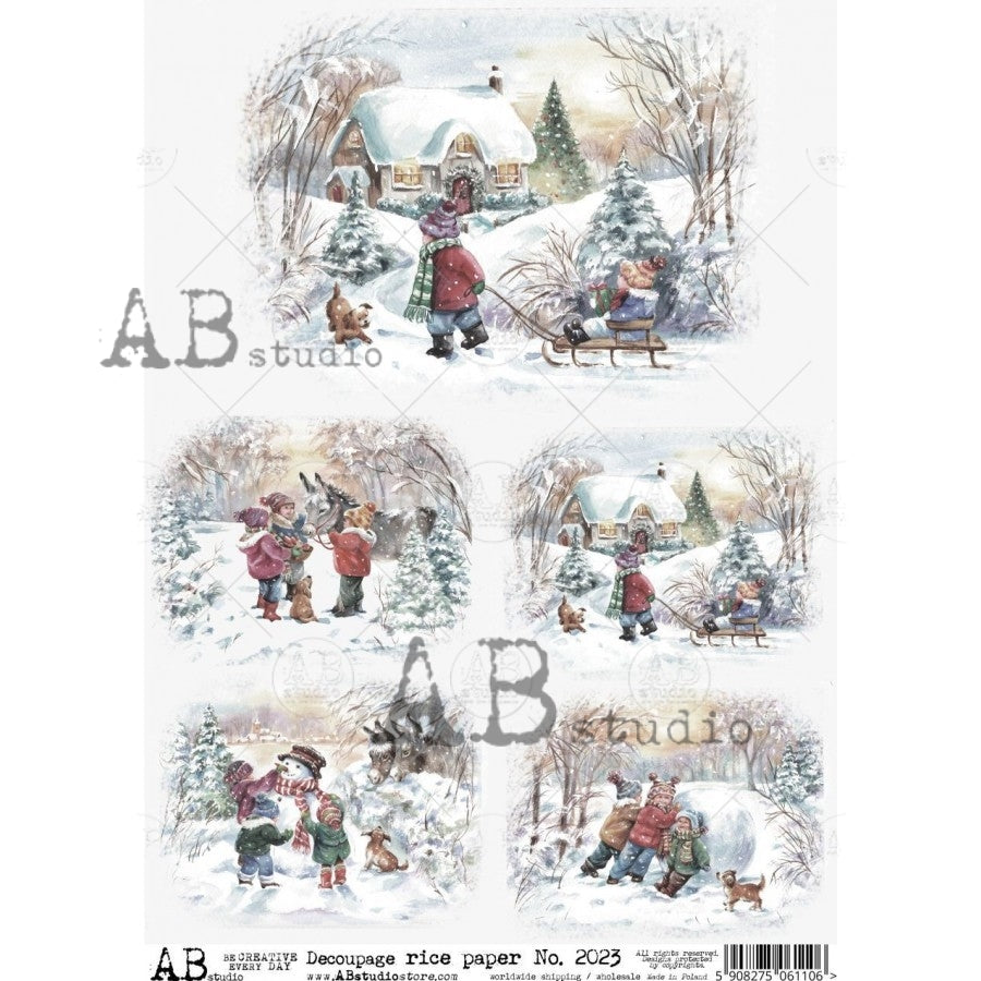 No. 2023 Children Winter Fun Decoupage Rice Paper A4 by AB Studio