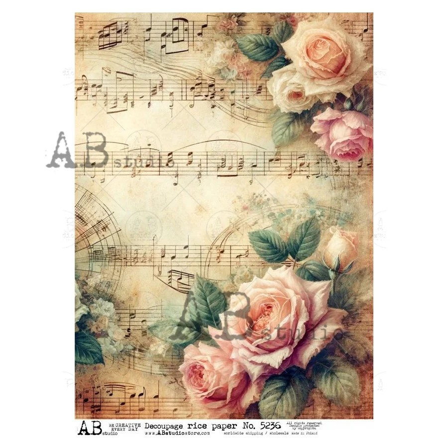 Item No. 5236 Vintage Musical Florals Decoupage Rice Paper A4 by AB Studio